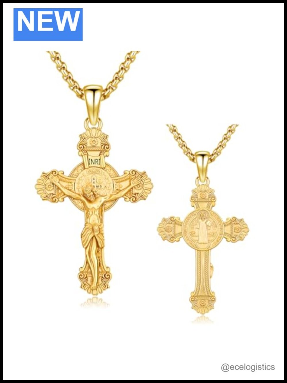 925 Sterling Silver St Benedict Crucifix Necklace 14k Gold Plated Stainless